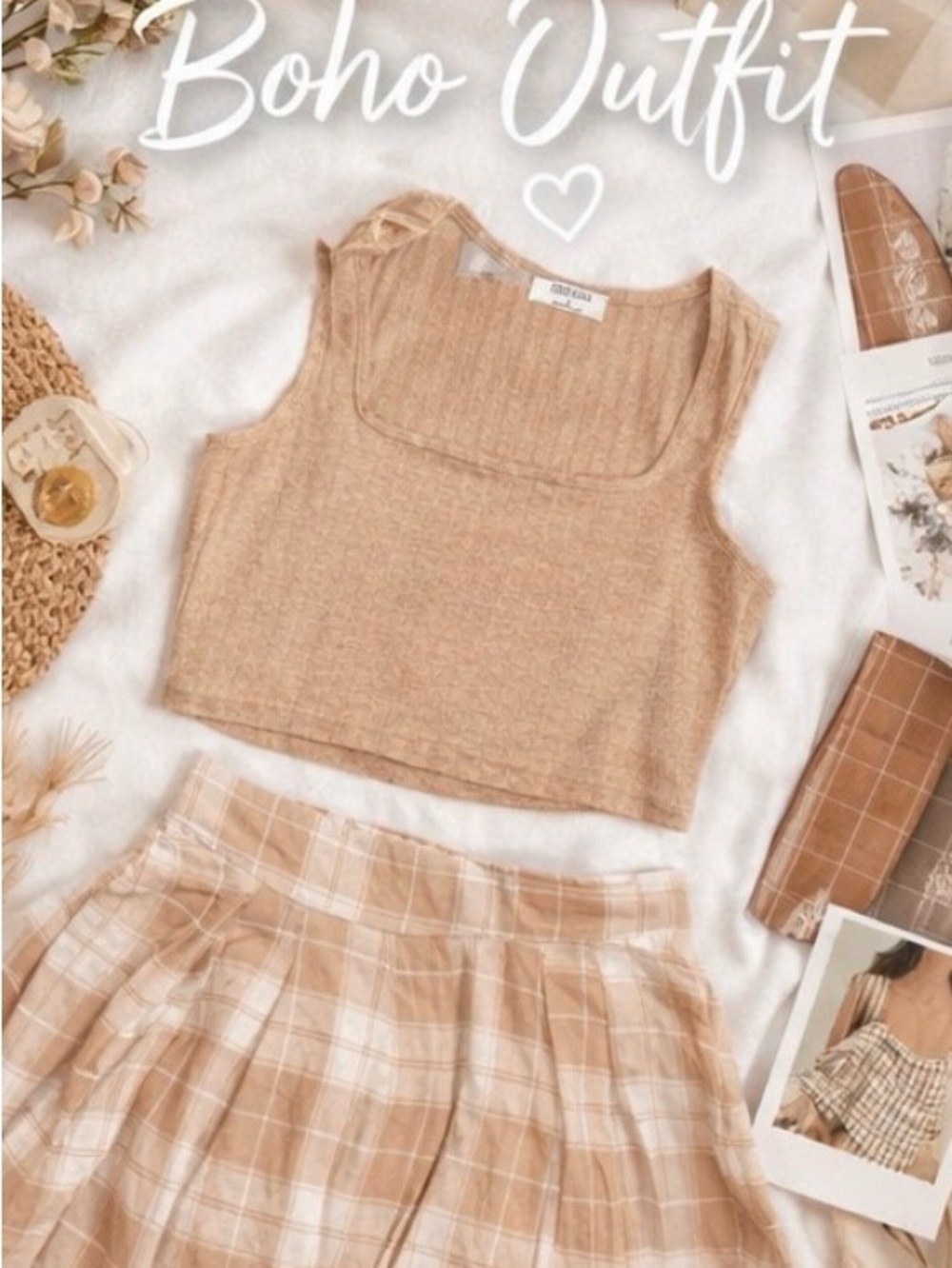 Neutral 2-Piece Set Zenana Ribbed Crop Tank + Promesa Plaid Skirt NWT Size L - Picture 3 of 9